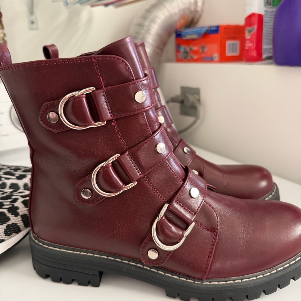 Burgundy Buckle Strap Combat Boots - Women's size 9